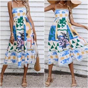 Boho Tropical Geo Print Smocked Cami Sun Dress
